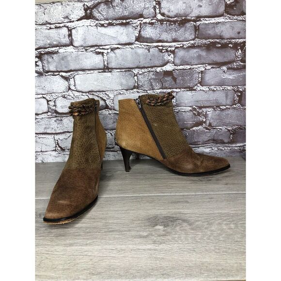 CHIARINI Tan Brown Green Suede Leather Double Sided Zipper Heel Booties Women 40 - Picture 8 of 16